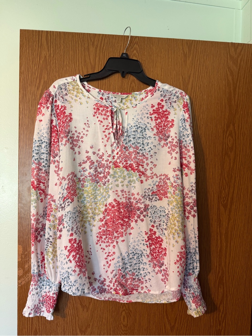 Lucky Brand White Floral Tie-Front Blouse with Pink & Blue Accents